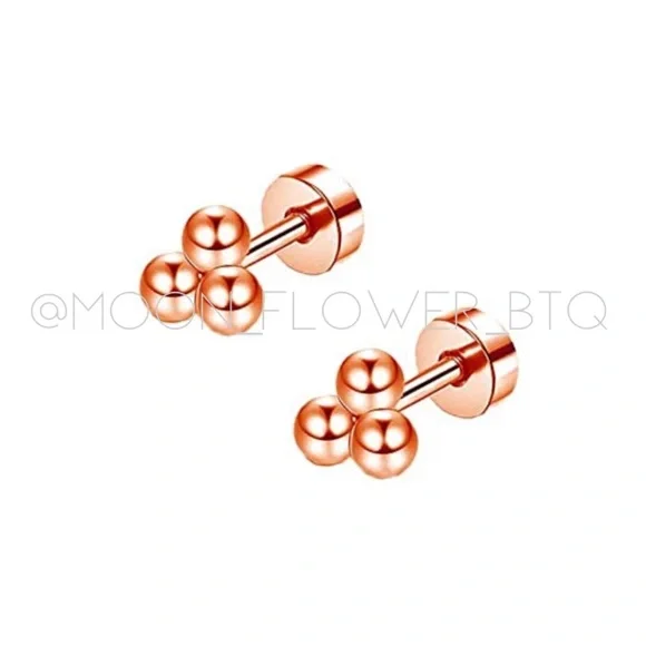 Tiny Rose Gold Triple Ball Dot Flat Back Earrings - Picture 7 of 7